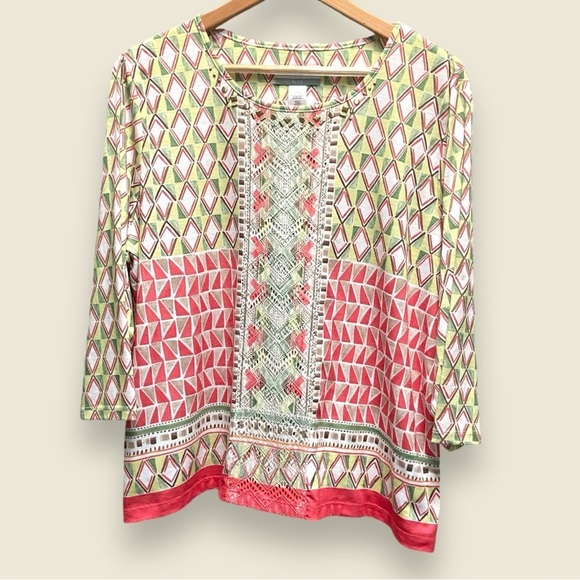 Alfred Dunner Peach/Green Aztec Print Jeweled‎ Neckline Top - Picture 1 of 5